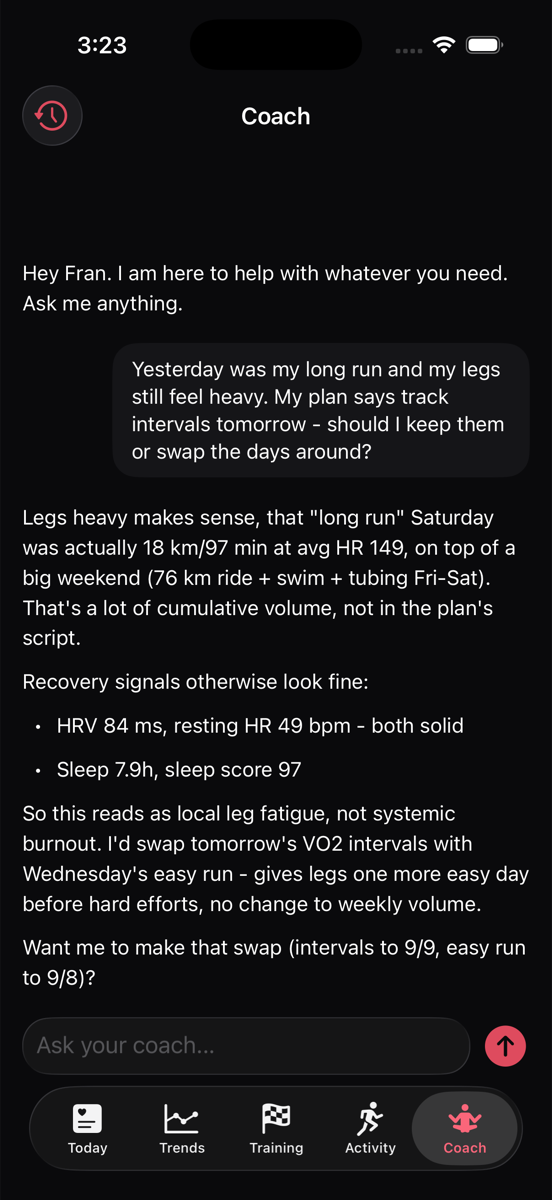 Coach screen with an AI conversation about swapping interval and easy run days