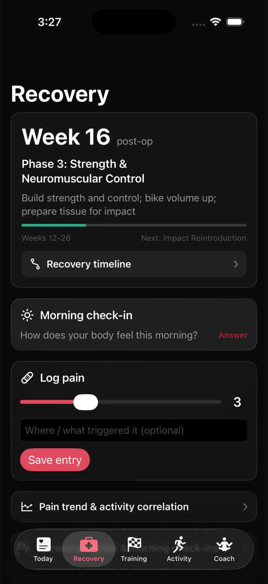 Recovery screen showing week 16 post-op, phase 3 strength and neuromuscular control, morning check-in, and pain logging